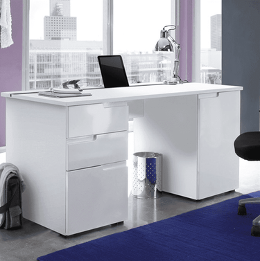 Santino Large White High Gloss Computer Desk with Storage and Device Holder - UK Luxury Furniture